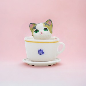 미미네아쿠아 어항 티컵 고양이 피규어-흰컵 얼룩냥