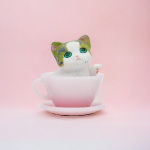 미미네아쿠아 어항 티컵 고양이 피규어-핑크컵 그린냥